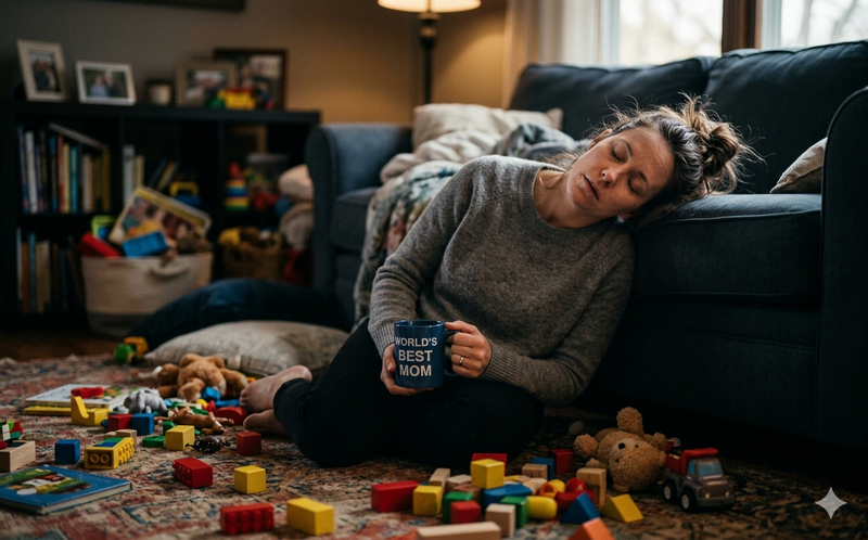 Exhausted mom on couch
